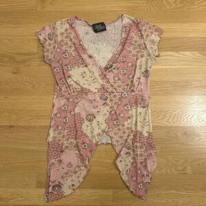 Y2K Pink Floral Patchwork Lettuce Hem Asymmetrical Top Size Medium